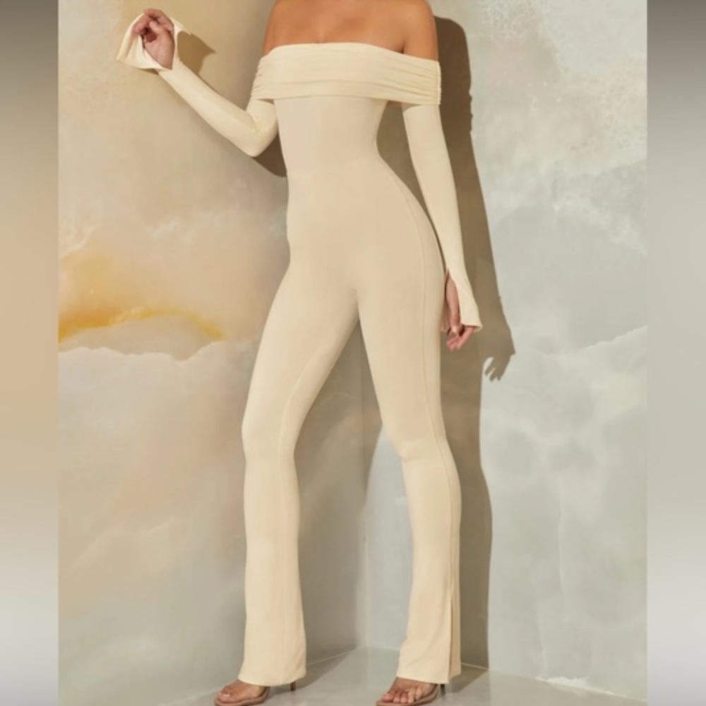 Oh Polly Beige Off-Shoulder Jumpsuit